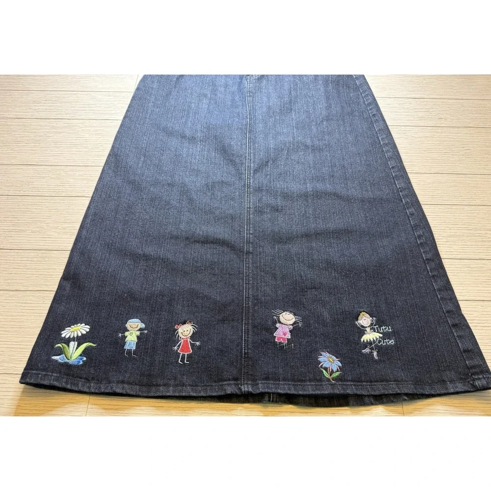 Baccini Women 90s Embroidered Butterfly Kids Flower Denim Maxi Skirt‎ Sz 12 Boho